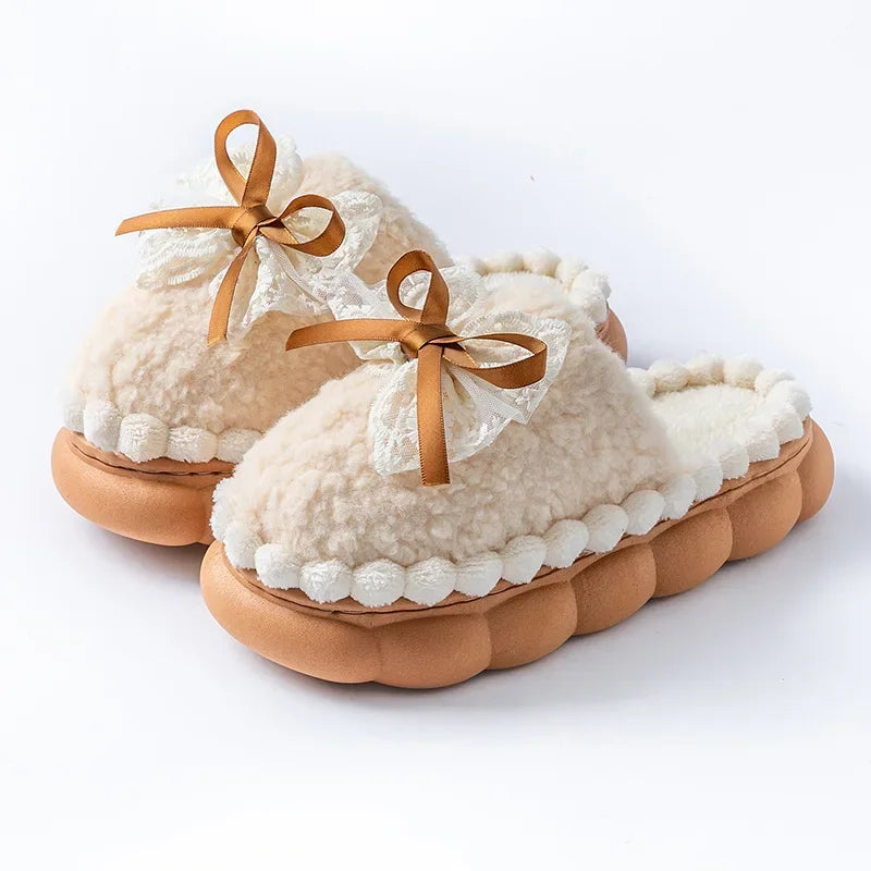 Baumwollpantoffeln – Flanell Schleifen-Design – Warmer Heimkomfort