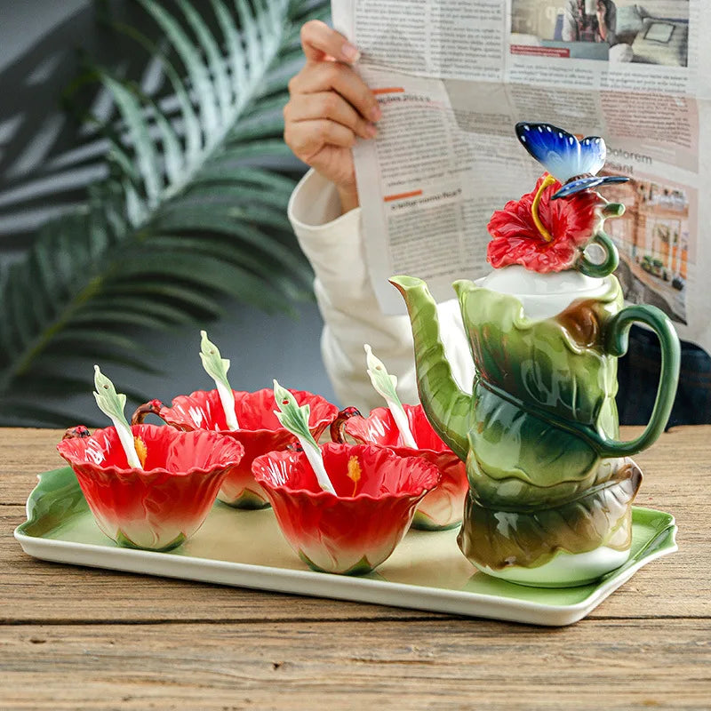 Blumen-Teeset – Porzellan Hibiskus – 9tlg, 6tlg Optionen