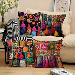 Boho Osterkissenbezüge – Leinen mit Quasten – 4er-Set