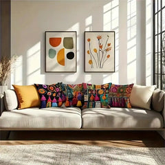 Boho Osterkissenbezüge – Leinen mit Quasten – 4er-Set