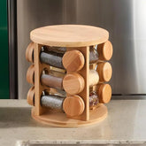 Gewürzregal aus Bambus – Drehbar & 12 Gläser