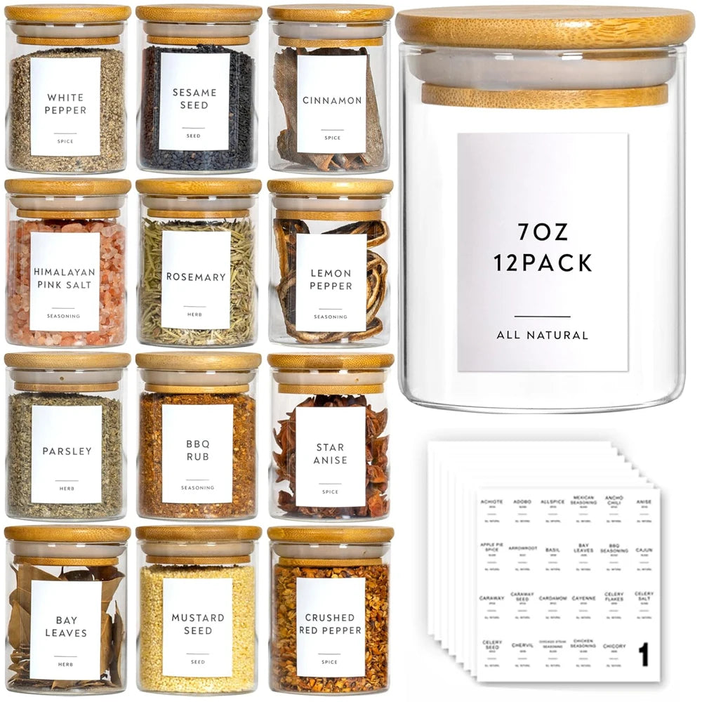 Glas-Gewürzgläser – Bambus Luftdicht – 12-teiliges Set