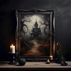 Modernes Halloween Ghost House Leinwandposter in Schwarz, 60x90 cm unframed