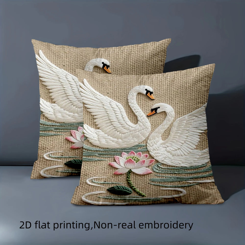 Kissenbezug – Jutestil – 45x45cm Gestickter Schwan