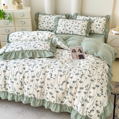 Koreanisches Bettwäsche-Set – Blumen Spitzenrüschen – Mikrofaser 200x230cm