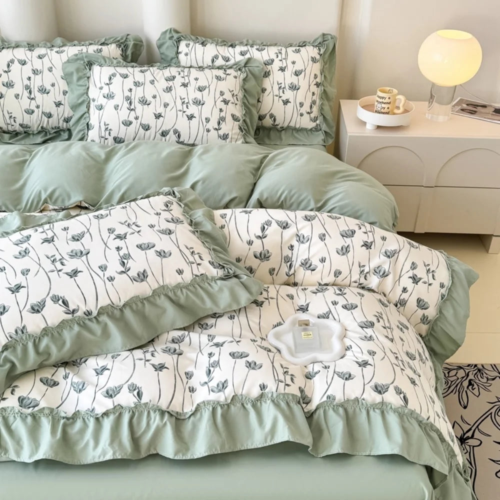 Koreanisches Bettwäsche-Set – Blumen Spitzenrüschen – Mikrofaser 200x230cm