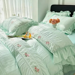 Koreanisches Prinzessin Bettwäsche Set Baumwolle Rüschen 200x230 cm, Farbe: Cremeweiss, Lakenart: Flaches Bettlaken