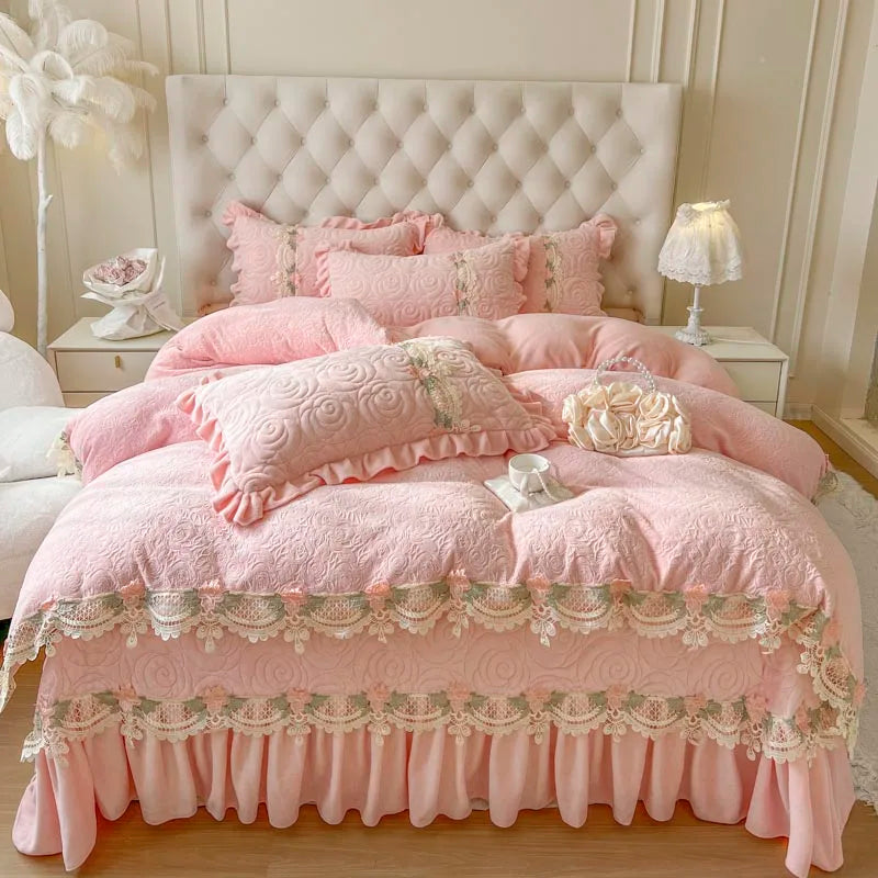 Rosa Samt Bettwäsche Set mit Blumenmuster Grösse King 220X240cm