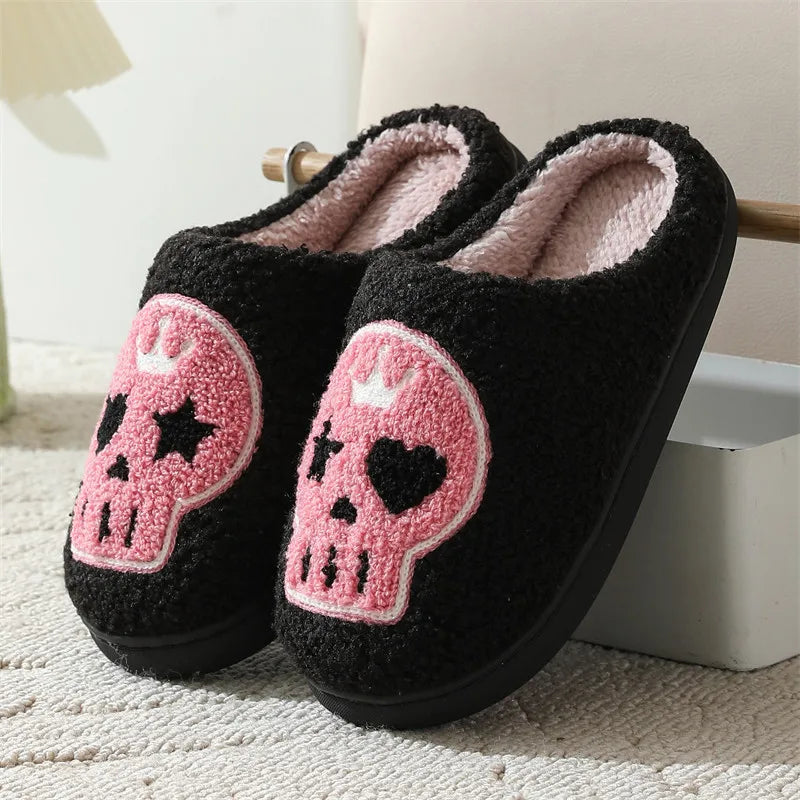 Punk Pink Totenkopfstickerei Hausschuhe – Baumwollstil – Indoor Komfort