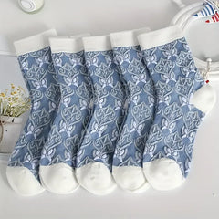 Hochwertige Damen Crew Socken – Blaues Blumenmuster