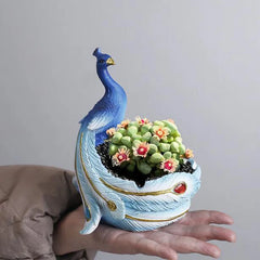 Harz-Pfauentopf – Glasierter Cartoon-Stil – Desktop-Deko