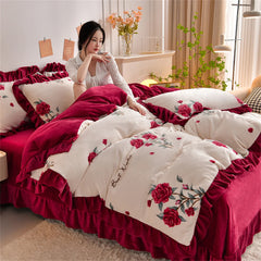 Winter Bettwäsche Set in ziselangman Farbe mit Spitze und Fleece, Grösse King 220x240cm