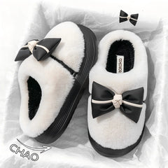 Damen Baumwollhausschuhe – Schleifenknoten Fleecegefüttert – Indoor Komfort