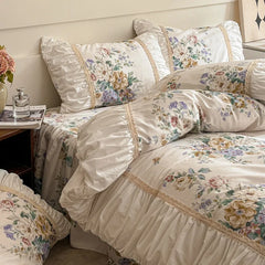 Pastorale Blumen Bettwäsche Set – 100% Baumwolle mit Spitzen