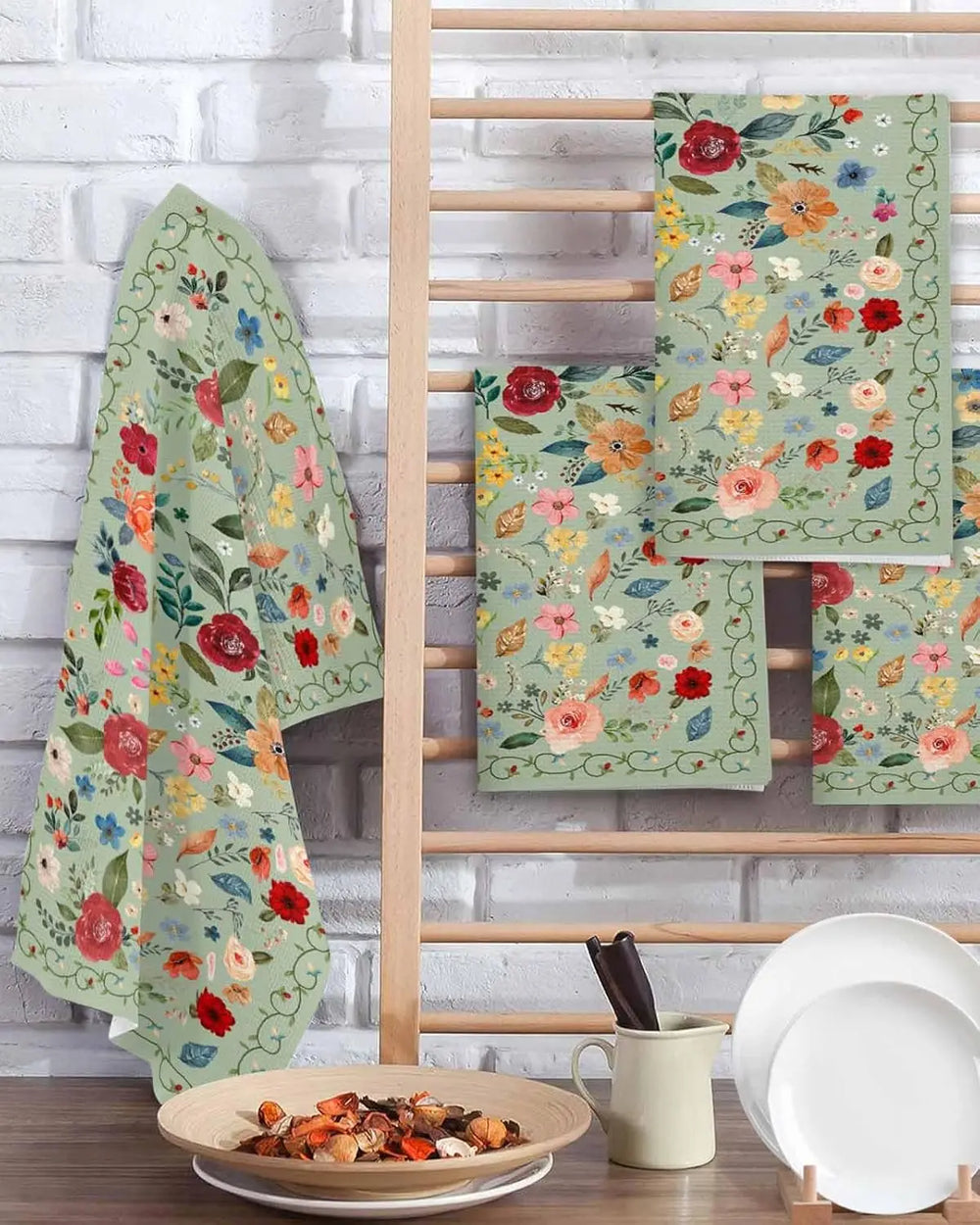 Sage Green Floral Geschirrtücher - Mikrofaser 40x60cm