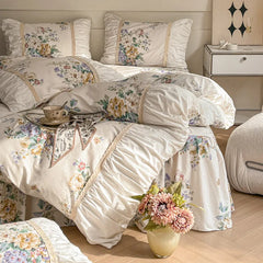Pastorale Blumen Bettwäsche Set – 100% Baumwolle mit Spitzen