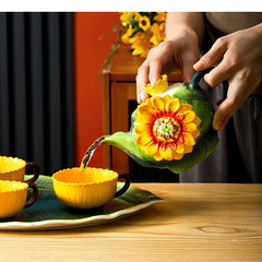 Keramik-Teeset – Porzellan Sonnenblumenrelief – 6-teiliges Set