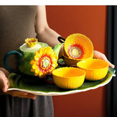 Keramik-Teeset – Porzellan Sonnenblumenrelief – 6-teiliges Set