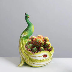 Harz-Pfauentopf – Glasierter Cartoon-Stil – Desktop-Deko