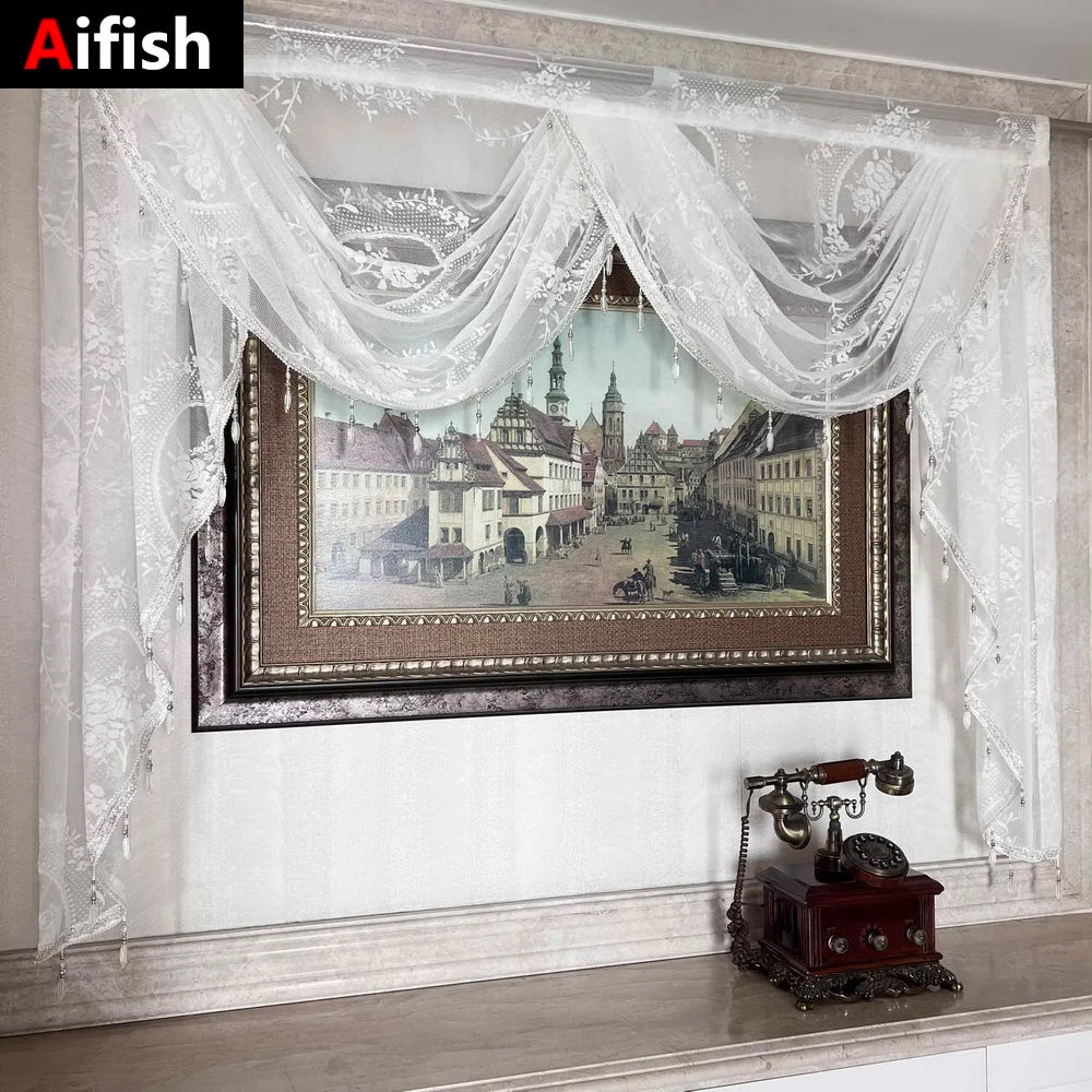 Weisse Spitzen-Scheibengardine – Luxuriöses Perlen-Design