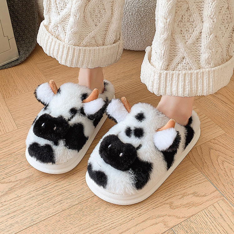 Casual Damen Fuzzy Pantoletten – Cartoon Kuh Design – Indoor