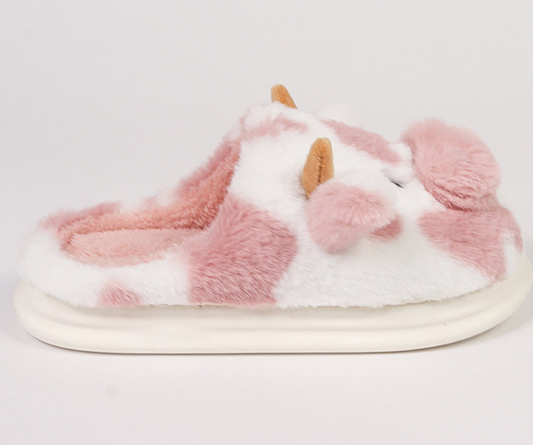 Casual Damen Fuzzy Pantoletten – Cartoon Kuh Design – Indoor