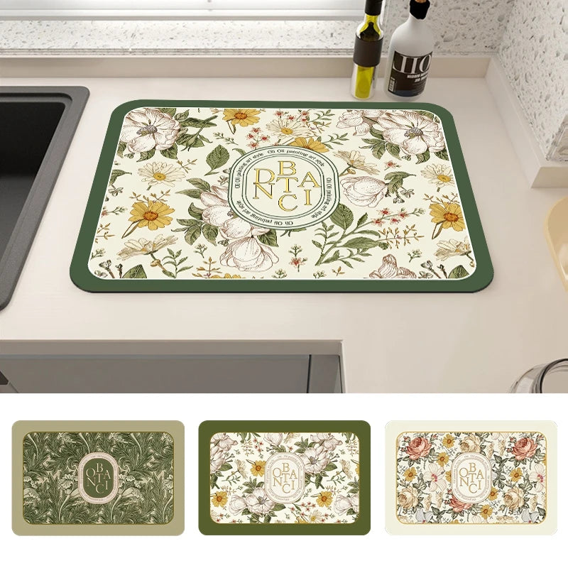 Absorbierende Abtropfmatte aus floralem Polyester, rutschfest, Grösse: 40cm x 60cm