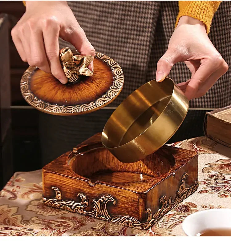 Quadratischer Aschenbecher aus Harz im chinesischen Stil mit Deckel, ideal für Wohnzimmer