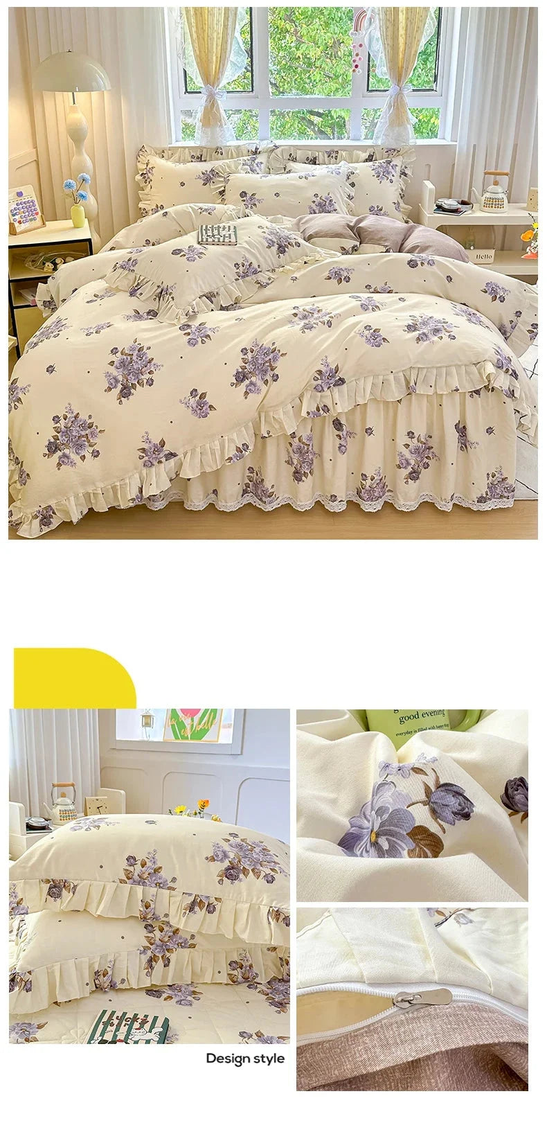 Baumwoll-Bettbezug im pastoralen Stil mit Spitzendesign, Farbe: mehrfarbig, Grösse: 150x200 cm