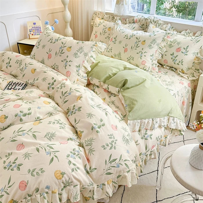 Baumwoll-Bettbezug im pastoralen Stil mit Spitzen, Farbe: mehrfarbig, Grösse: 150x200cm