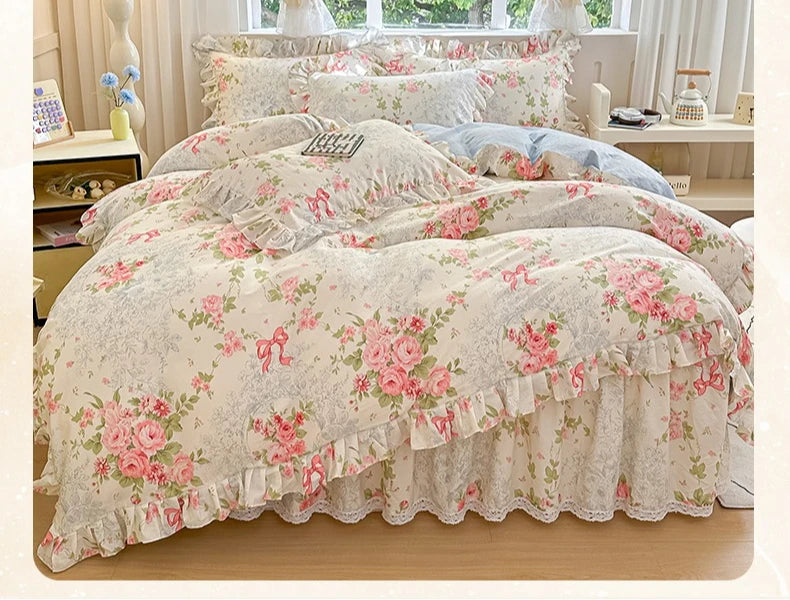 Baumwoll-Bettbezug mit Spitzendesign, Farben: blau, grössen: 150x200cm, pastoral Stil