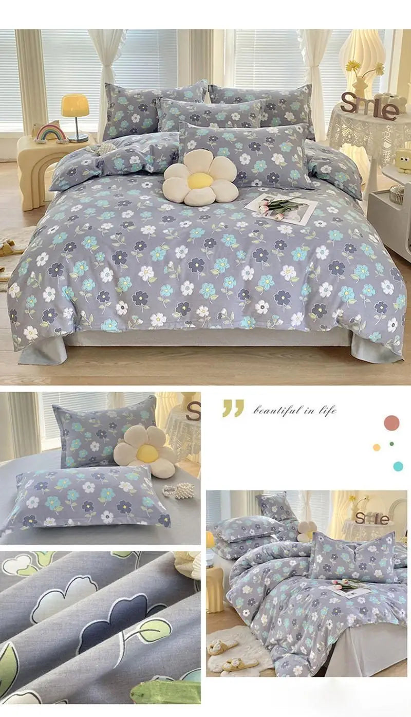 Baumwoll-Bettwäsche im Blumenmuster, Farbe 1, Grösse 1.5 m 4tlg Set