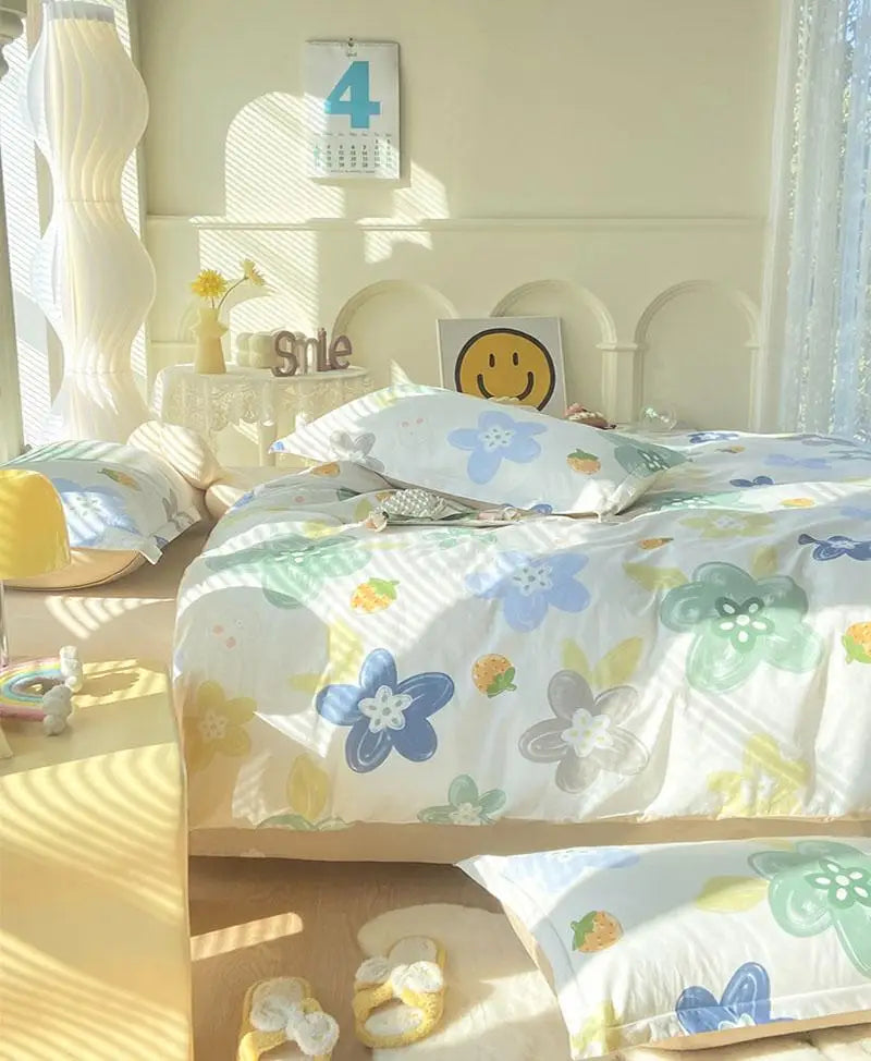 Baumwollbettwäsche mit floralem Design, blumig, Grösse: 1.8 m 4-teiliges Set