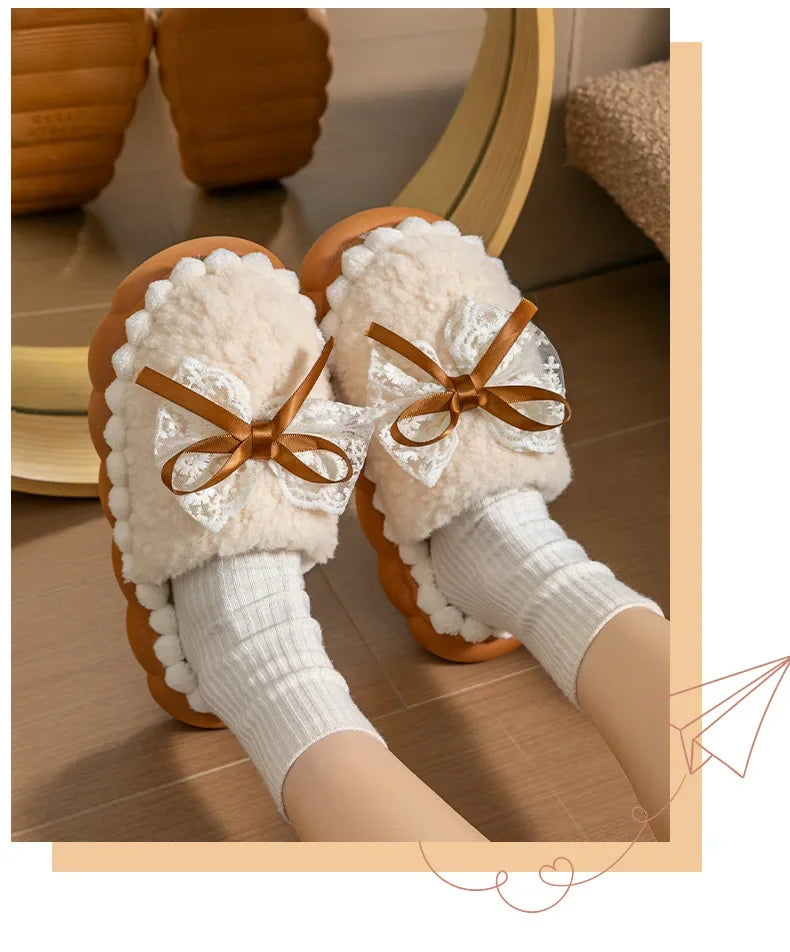 Baumwollpantoffeln – Flanell Schleifen-Design – Warmer Heimkomfort