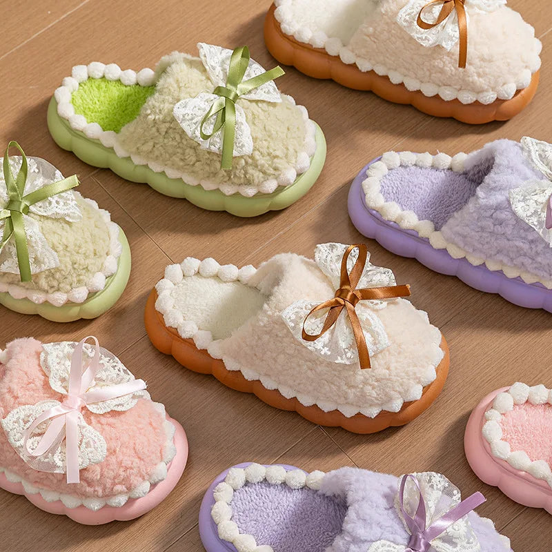 Baumwollpantoffeln – Flanell Schleifen-Design – Warmer Heimkomfort