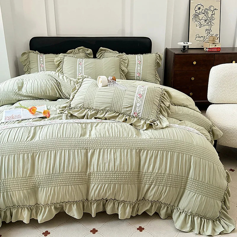 Bettbezug Set im koreanischen Prinzessinnenstil, Farbe: Lila, Grösse: Queen Grösse 4 Teile, Lakenart: Flachlaken