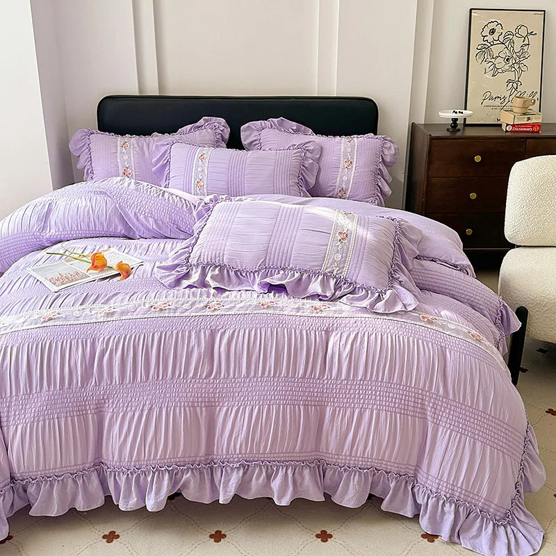 Bettwäsche-Set im koreanischen Prinzessinnenstil aus Seersucker-Baumwolle, Farbe Lila, Grösse: Queen Grösse 4 Teile, Spannbettlaken, elegant