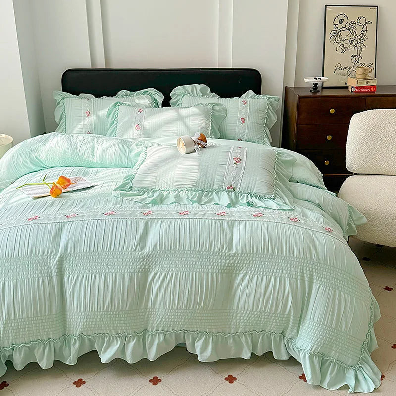 Bettwäsche-Set im koreanischen Prinzessinnenstil, Farbe: Lila, Grösse: Queen, Spannbettlaken aus Baumwolle