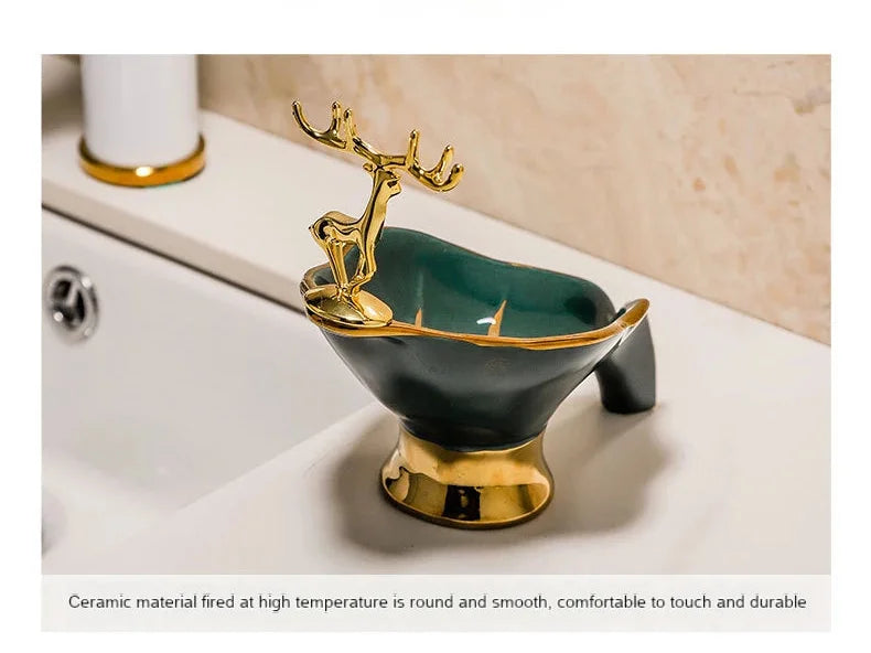 Blattförmige Seifenschale – Keramikdeko mit Hirsch