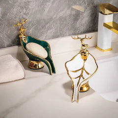 Blattförmige Seifenschale – Keramikdeko mit Hirsch