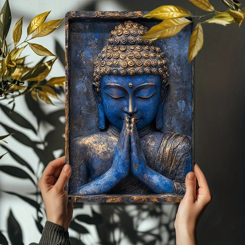 Blaue Buddha-Schild - Vintage Aluminium - 20x30cm