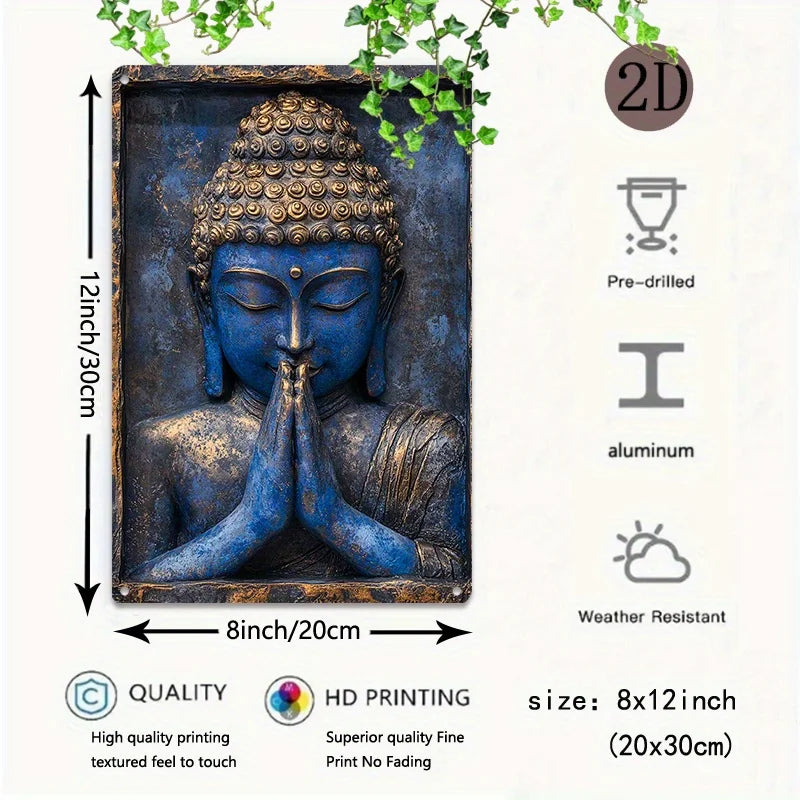 Blaue Buddha-Schild - Vintage Aluminium - 20x30cm