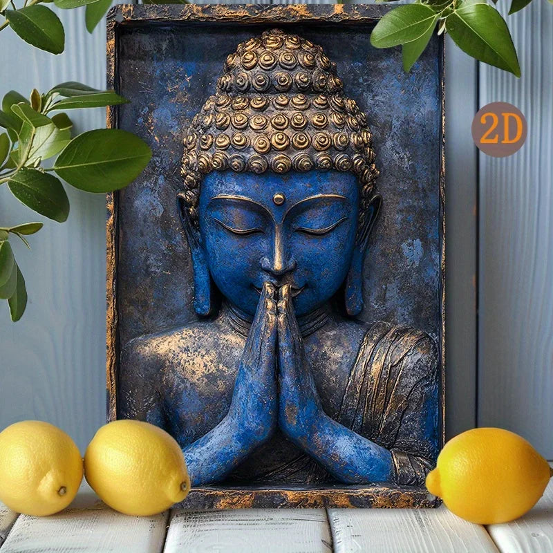 Blaue Buddha-Schild - Vintage Aluminium - 20x30cm