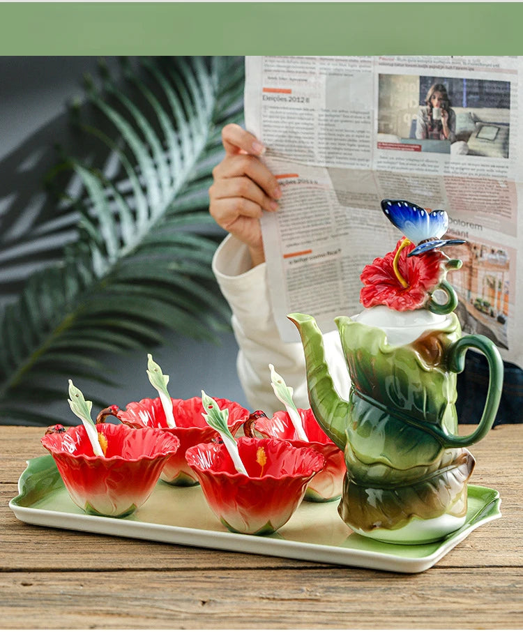 Blumen-Teeset – Porzellan Hibiskus – 9tlg, 6tlg Optionen