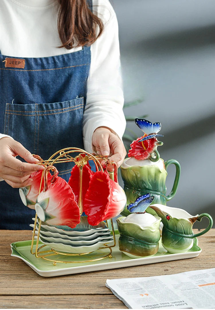 Blumen-Teeset – Porzellan Hibiskus – 9tlg, 6tlg Optionen