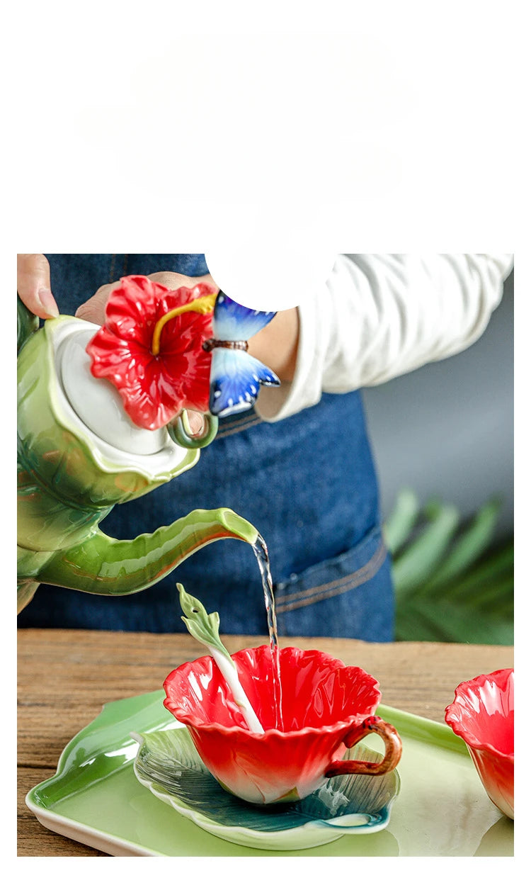 Blumen-Teeset – Porzellan Hibiskus – 9tlg, 6tlg Optionen