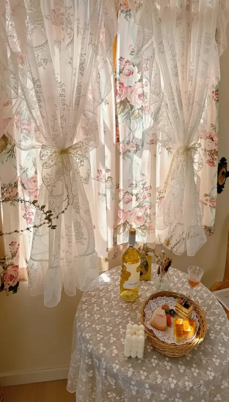 Romantische Blumenvorhänge aus Stoff, Farbe: Weiss, Grösse: B140 x H130 cm, für Erkerfenster