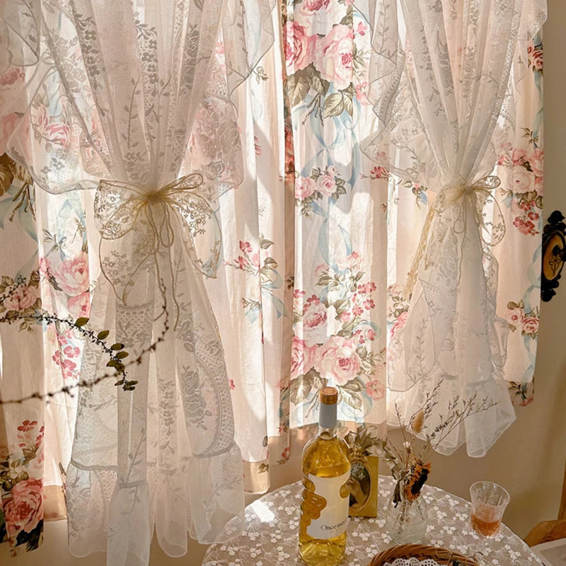 weisse Blumenvorhänge mit romantischem Spitzendesign für Erkerfenster 140x130 cm