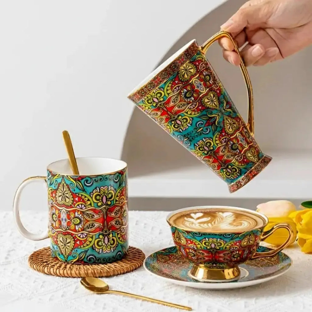 Bohemian Keramik Kaffeeset - Klassischer Stil mit Löffel