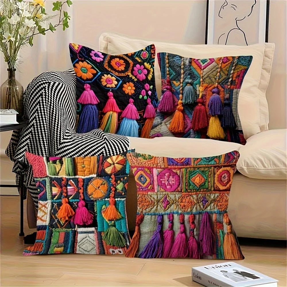 Boho Osterkissenbezüge – Leinen mit Quasten – 4er-Set